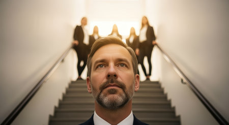 Confident businessman in suit standing on staircase with professional female team members in formal attire in background.の素材