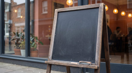 Blank chalkboard sign outside cozy urban cafe with warm lights, inviting atmosphere, and reflections in large glass windows.の素材