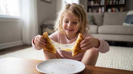 Happy young girl stretching melted cheese in grilled sandwich while sitting at low table in cozy living room.の素材