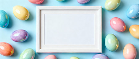 Blank white frame surrounded by colorful pastel eggs on light blue background for festive spring holiday celebration and decoration.の素材