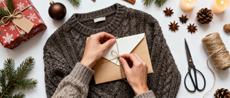 Person tying string on a rustic envelope surrounded by cozy sweater, candles, pinecones, gift wrap, and festive holiday decorations.の素材