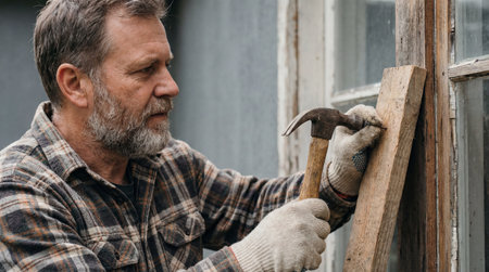 Mature carpenter using hammer to repair old wooden window frame outdoors in rustic workshop setting during daytime.の素材