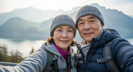 Smiling mature couple enjoying outdoor adventure near lakeside mountains, dressed in warm clothing and taking a selfie together.の素材