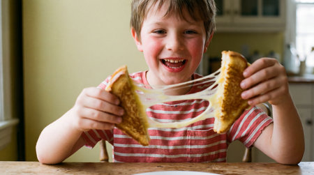 Smiling young boy enjoying cheesy grilled sandwich at kitchen table, stretching melted cheese between two toasted halves in warm sunlight.の素材