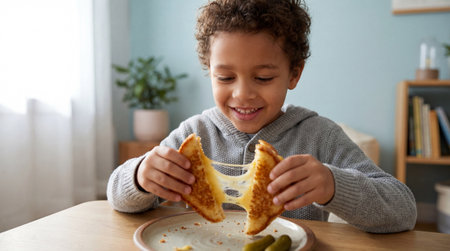 Happy young child enjoying a gooey grilled cheese sandwich at home while seated at a wooden table with pickles on the plate.の素材