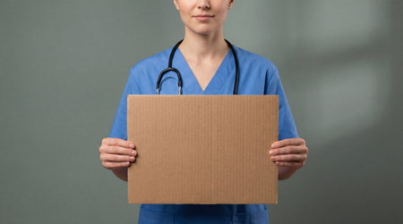 Healthcare worker in blue scrubs holding blank cardboard sign for medical message against neutral background.の素材