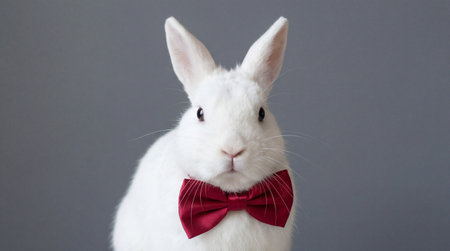 White rabbit wearing red bow tie against simple grey studio background.の素材