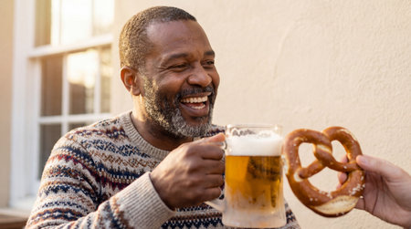 smiling middle aged man enjoying cold beer and pretzel outdoors during relaxed afternoon social gathering with friends.の素材