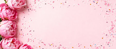 Pink peonies and colorful confetti frame on pastel background, perfect for spring celebrations, invitations, or festive announcements.の素材