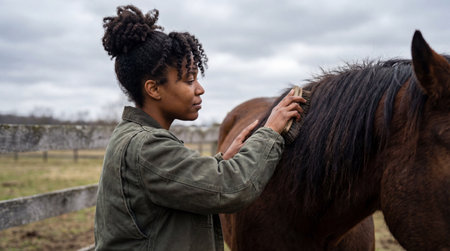 young woman grooming a brown horse in an overcast rural paddock, brushing its mane with care and focus near a wooden fence.の素材