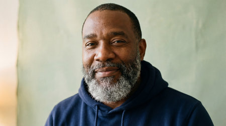 Confident middle aged man with gray beard smiling warmly in casual hoodie against soft neutral background indoors.の素材
