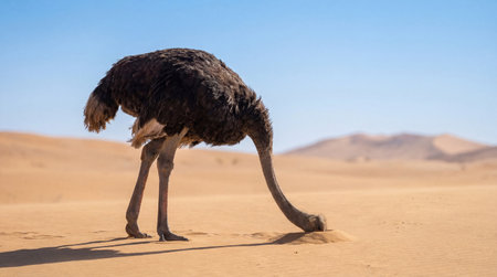 Curious ostrich with long neck searching in golden desert sand under clear blue sky in remote arid landscape at midday.の素材