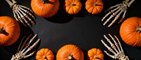 Skeleton hands and orange pumpkins arranged in a circular pattern on black background for a spooky halloween autumn decoration concept.の素材
