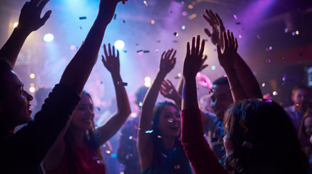 Excited young friends dancing together at a vibrant nightclub party under colorful confetti and dramatic stage lights.の素材