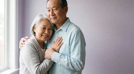 Elderly asian couple embracing lovingly indoors near window with soft pastel background and gentle natural light.の素材