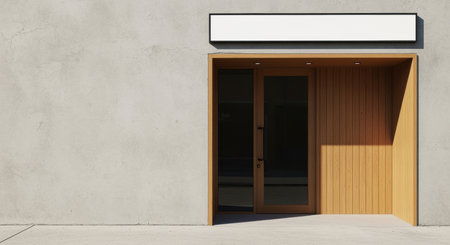 Modern wooden entrance with blank signage on concrete wall in urban setting under natural sunlight, contemporary architecture concept.の素材
