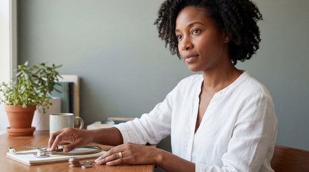 Calm young woman calculating monthly budget at home office desk with coins, notebook, and laptop, focusing on financial planning and savings.の素材