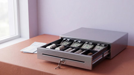 Open cash drawer with organized dollar bills, coins, and checks on a countertop near a window in soft natural morning light.の素材
