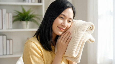 Smiling young woman relaxing at home while hugging a soft beige blanket in a bright cozy living room with natural decor.の素材