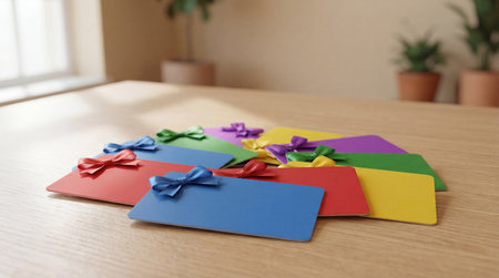 Colorful gift cards arranged in a fan shape on wooden table with decorative bows and soft natural light from window in cozy room.の素材