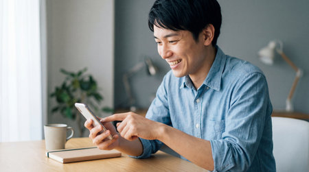 Smiling young man using smartphone at home office desk while working remotely and enjoying relaxed modern digital lifestyle.の素材