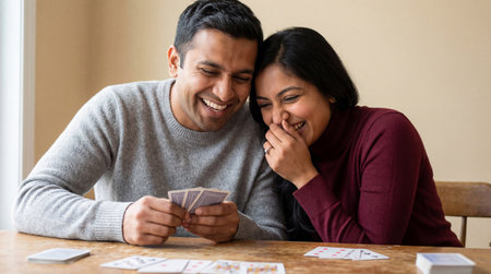 Joyful couple playing cards together at home, laughing and bonding over a fun game at a cozy wooden kitchen table.の素材