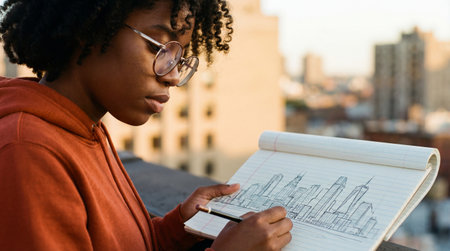 Young artist sketching detailed urban skyline on rooftop at sunset, focused creative woman drawing cityscape in spiral notebook.の素材