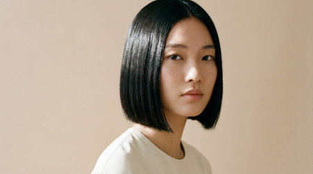 Serene young asian woman with sleek straight black bob haircut posing against neutral beige background in soft natural light.の素材