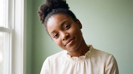 Smiling young woman with natural hair standing by bright window in soft light against pastel green wall.の素材