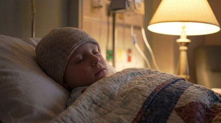 Young child with knitted cap peacefully sleeping in hospital bed under warm quilt and soft bedside lamp light at night.の素材
