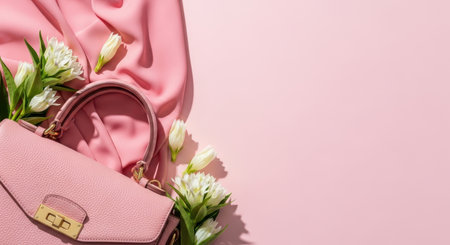 Elegant pink leather handbag with spring flowers on pastel background, feminine fashion accessory layout with copy space and soft shadows.の素材