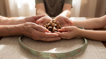 generations holding wooden chess pieces together at a table, symbolizing family unity, tradition, wisdom, and shared learning.の素材