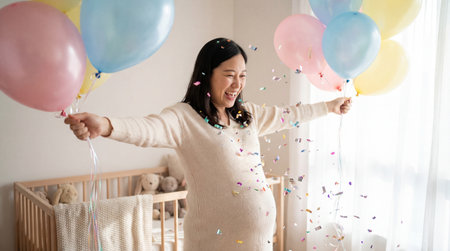 Joyful pregnant woman celebrating baby shower with colorful balloons and confetti in bright nursery room with soft natural daylight.の素材