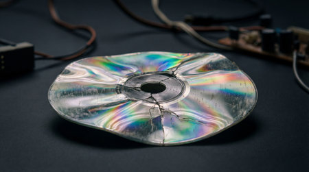 Warped cracked compact disc with rainbow reflections on dark surface symbolizing digital decay and obsolete data storage technology.の素材