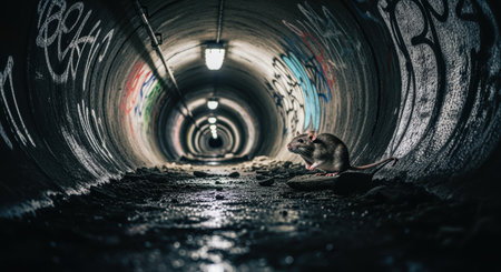 Brown rat standing on wet concrete inside dark urban tunnel with graffiti walls under dim artificial lights and reflective puddles.の素材