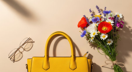 Yellow leather handbag and eyeglasses with colorful wildflower bouquet on beige background in minimal spring fashion layout.の素材