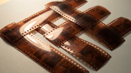 Curled vintage film negatives arranged on textured surface under warm light, showcasing nostalgic analog details and grain.の素材