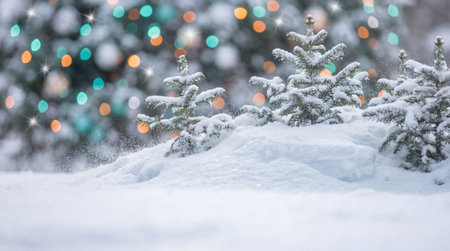 Snow covered evergreen trees in soft winter landscape with falling snowflakes and colorful festive lights glowing in the background.の素材