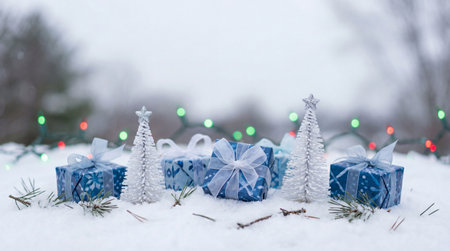 Blue gift boxes with silver ribbons and miniature white christmas trees arranged in fresh snow with colorful festive lights in background.の素材