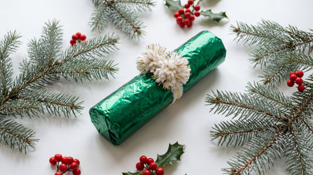 Festive christmas cracker wrapped in green foil surrounded by evergreen branches holly leaves and red berries on white background.の素材