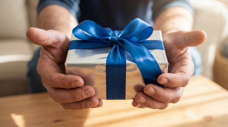 Closeup of adult hands offering a small silver gift box wrapped with shiny blue satin ribbon in warm indoor setting.の素材