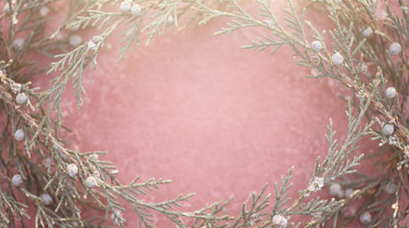 Elegant juniper branch wreath with soft berries arranged on pastel pink textured background in bright natural morning light.の素材
