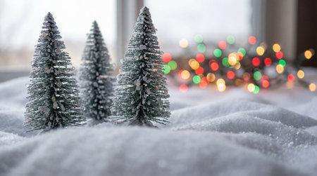 Snowy miniature evergreen trees with sparkling frost in soft focus winter scene and colorful festive holiday lights in the background.の素材