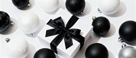 Elegant white gift box with black satin ribbon surrounded by black and white festive ornaments on a bright minimal background.の素材