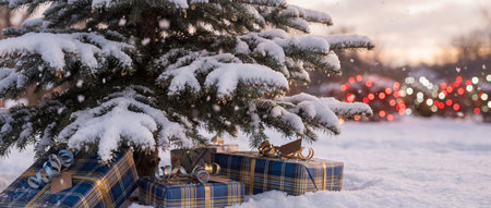Snow covered christmas tree with wrapped gifts beneath branches in winter landscape with falling snow and festive holiday lights at dusk.の素材