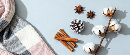 Winter cozy scene with knitted scarf, cinnamon sticks, pine cone, star anise, and cotton branch on light background.の素材