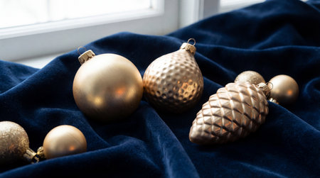 Elegant golden christmas ornaments on dark blue velvet fabric by a bright window creating a festive holiday atmosphere indoors.の素材