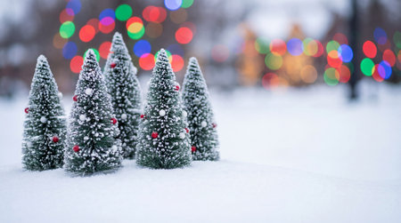 Miniature snow covered evergreen trees decorated with red ornaments outdoors in winter, colorful holiday lights blurred in background.の素材