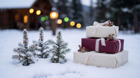 Elegant holiday gifts wrapped in ribbon stacked on snow by small pine trees, cozy cabin lights glowing in winter forest background.の素材