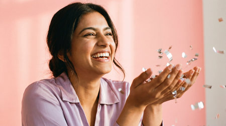 Cheerful young woman laughing and tossing shiny confetti against soft pink background in bright natural indoor light.の素材
